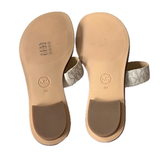 SOLD Michael Kors Wm Sz 8 SlipOn Flat Sandal Ivory Tan Logo Leather Gold Logo - Picture 8 of 14
